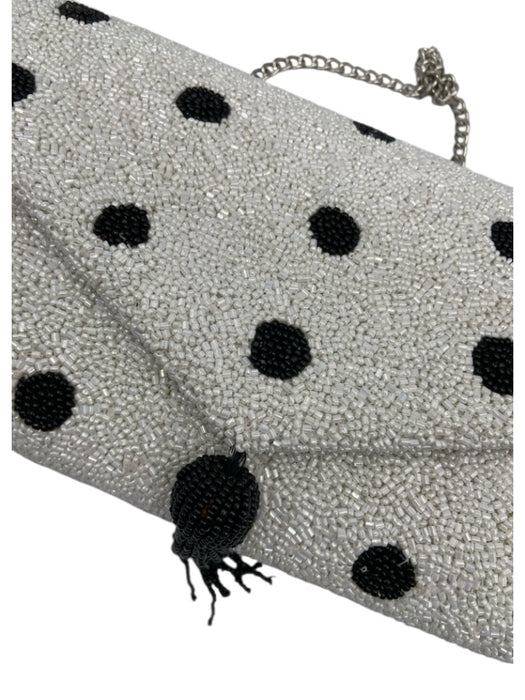 Beth Ladd White & Black Beaded Polka Dots Magnetic Snap Flap Tassel Detail Bag White & Black