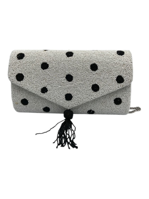 Beth Ladd White & Black Beaded Polka Dots Magnetic Snap Flap Tassel Detail Bag White & Black