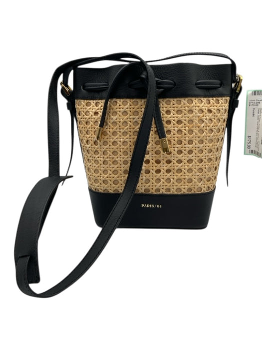 Paris/64 Black & Beige Rattan & Leather Woven Detail Gold Tone Hardware Bag Black & Beige