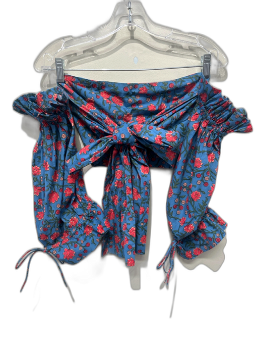 Eddy Size M/S Blue, Red & Pink Cotton Floral Tiered Off Shoulder Maxi Skirt Set Blue, Red & Pink / M/S