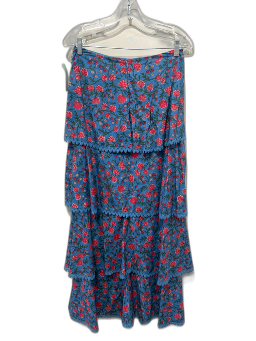Eddy Size M/S Blue, Red & Pink Cotton Floral Tiered Off Shoulder Maxi Skirt Set Blue, Red & Pink / M/S