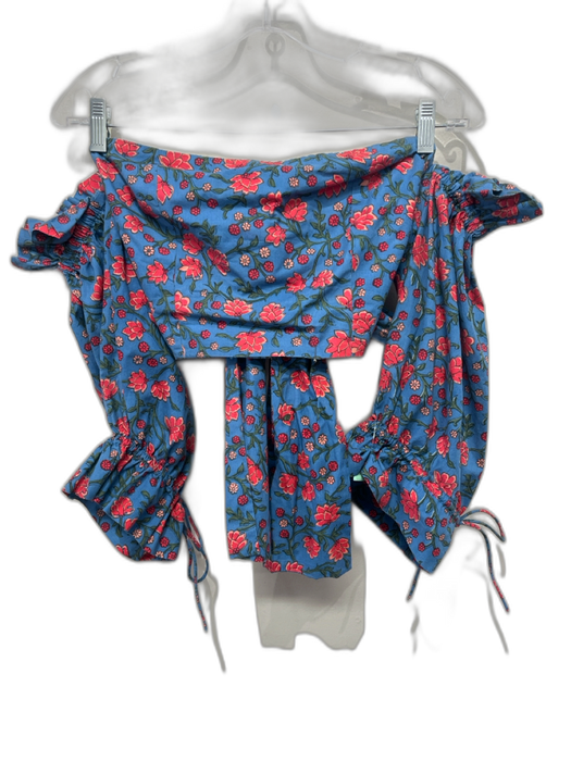 Eddy Size M/S Blue, Red & Pink Cotton Floral Tiered Off Shoulder Maxi Skirt Set Blue, Red & Pink / M/S