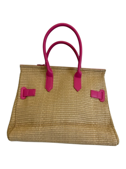Lisi Lerch Hot Pink & Beige Straw Faux Leather Top Handle Bag Hot Pink & Beige / Medium