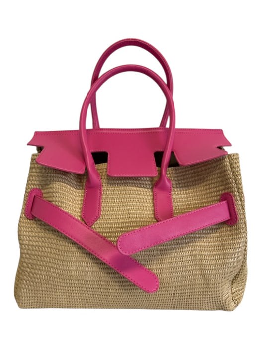 Lisi Lerch Hot Pink & Beige Straw Faux Leather Top Handle Bag Hot Pink & Beige / Medium