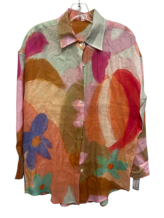 Vitamin A Size S Orange, Pink & Multi Linen Button Front Long Sleeve Short Set Orange, Pink & Multi / S