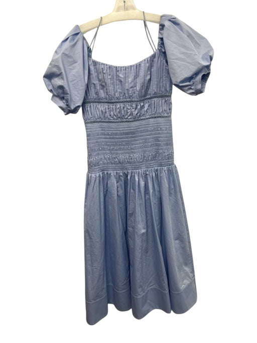 Self Portrait Size 4 Blue Cotton Poplin Midi Short Puff Sleeve Dress Blue / 4