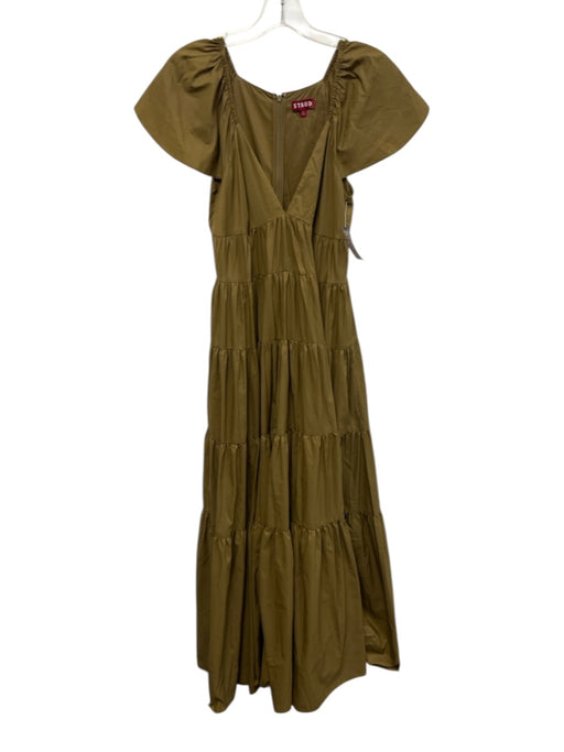 Staud Size XS Olive Green Nylon Short Sleeve Tiered V Neck Maxi Dress Olive Green / XS