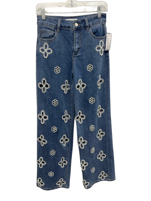 The Noli Shop Size 26 Medium Wash & White Cotton Denim Faux Pearl Wide Leg Jeans Medium Wash & White / 26