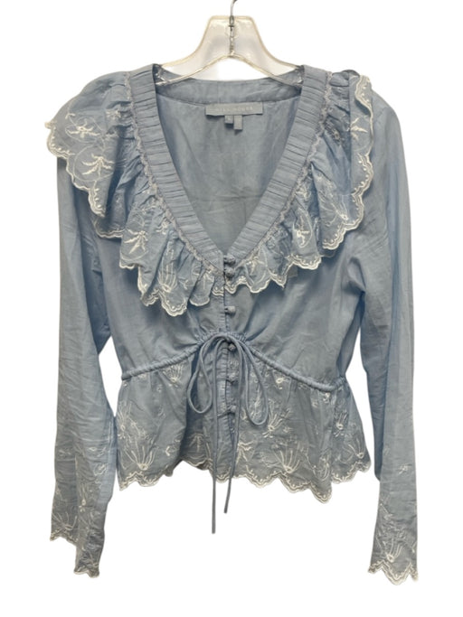 Hill House Size S Light blue & white Cotton Long Sleeve Floral Lace V Neck Top Light blue & white / S