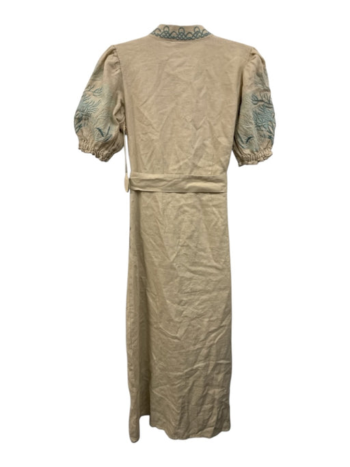 Spartina Size XS Beige & Green Linen & Cotton Embroidered Tie Waist V Neck Dress Beige & Green / XS