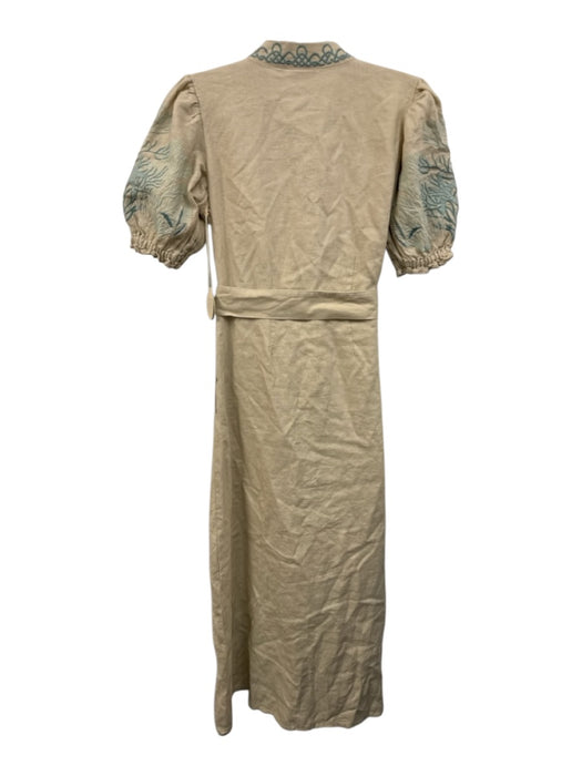 Spartina Size XS Beige & Green Linen & Cotton Embroidered Tie Waist V Neck Dress Beige & Green / XS