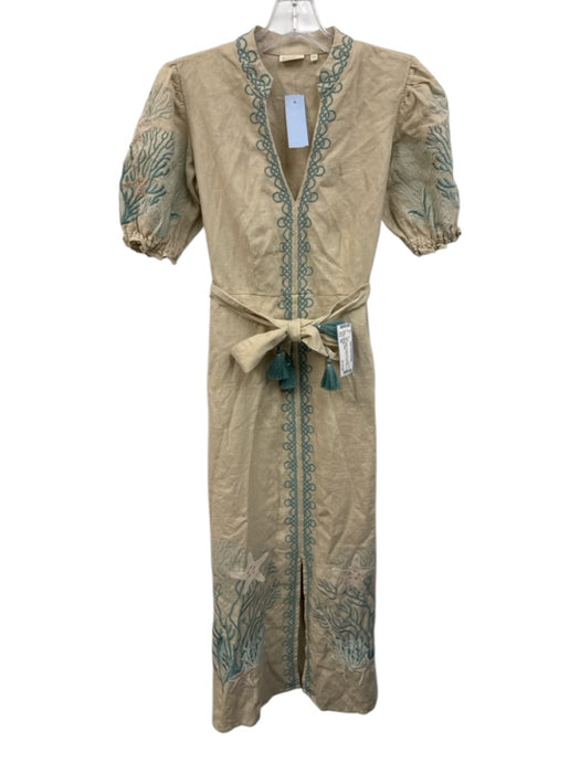 Spartina Size XS Beige & Green Linen & Cotton Embroidered Tie Waist V Neck Dress Beige & Green / XS