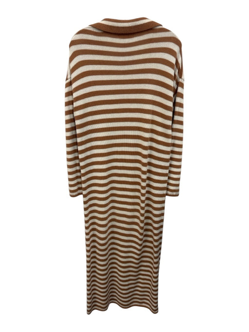 525 Size S Brown & White Cotton Knit stripped Long Sleeve Maxi Dress Brown & White / S