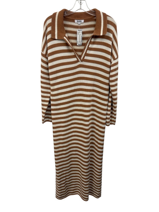 525 Size S Brown & White Cotton Knit stripped Long Sleeve Maxi Dress Brown & White / S