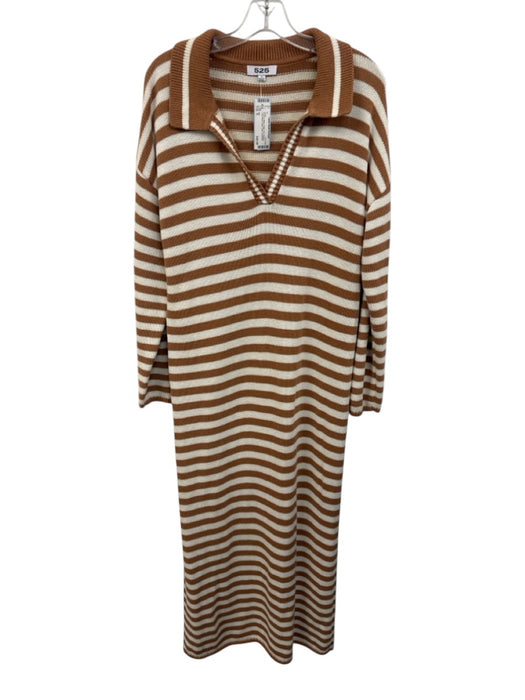 525 Size S Brown & White Cotton Knit stripped Long Sleeve Maxi Dress Brown & White / S
