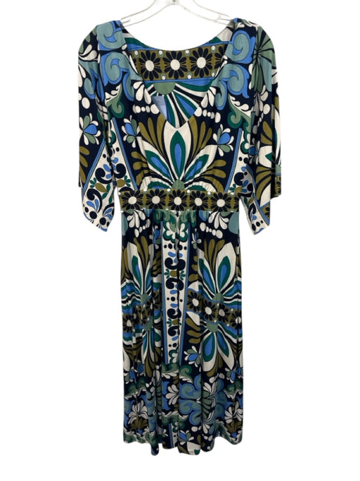 Boden Size 0 Green & Blue Viscose Blend Long Sleeve V Cut Cinch Waist Maxi Dress Green & Blue / 0
