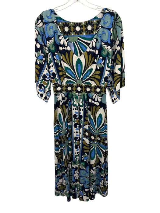 Boden Size 0 Green & Blue Viscose Blend Long Sleeve V Cut Cinch Waist Maxi Dress Green & Blue / 0
