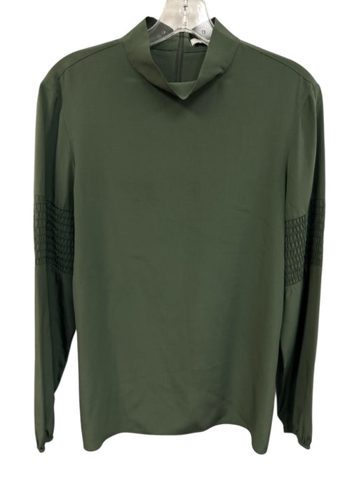 Tibi Size 4 Green Silk Shirred Long Sleeve Zip Back High Neck Top Green / 4