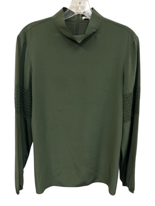 Tibi Size 4 Green Silk Shirred Long Sleeve Zip Back High Neck Top Green / 4