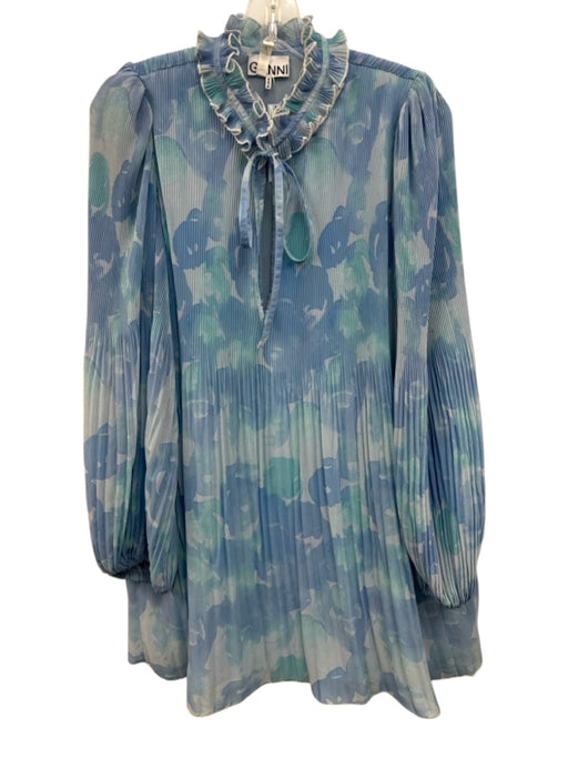Gianni Size 36 Blue Polyester Pleated Floral Balloon Sleeve Dress Blue / 36