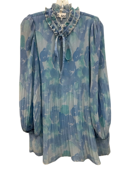 Gianni Size 36 Blue Polyester Pleated Floral Balloon Sleeve Dress Blue / 36