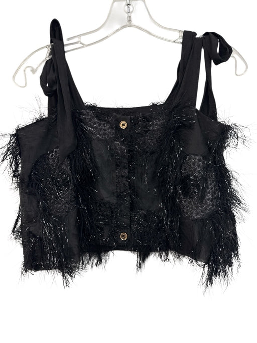 Buru Size XS Black Polyester Fringe Tie Shoulder Button Back Cropped Top Black / XS