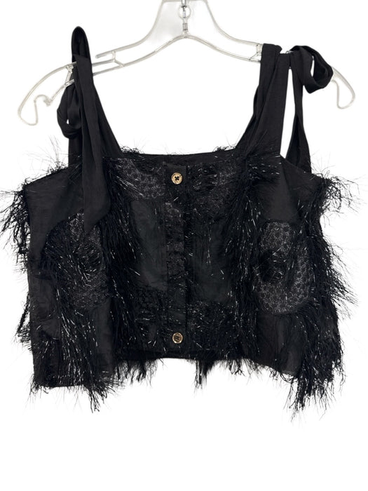 Buru Size XS Black Polyester Fringe Tie Shoulder Button Back Cropped Top Black / XS
