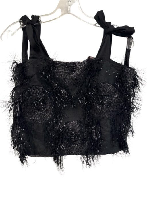 Buru Size XS Black Polyester Fringe Tie Shoulder Button Back Cropped Top Black / XS
