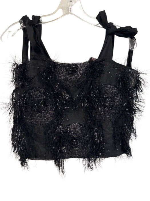 Buru Size XS Black Polyester Fringe Tie Shoulder Button Back Cropped Top Black / XS