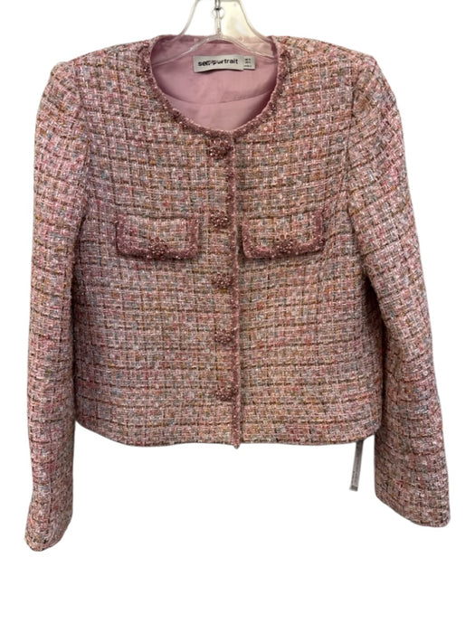 Self Portrait Size 4 Pink Polyester Blend Button Up Long Sleeve Tweed Jacket Pink / 4