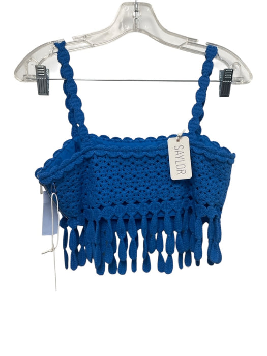 Saylor Size XS Blue Cotton Crochet Crop Side Zip Fringe Skirt Set Blue / XS