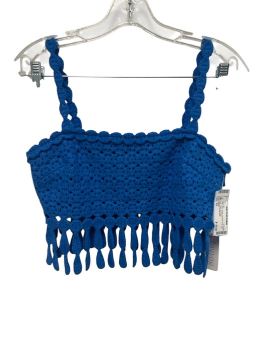 Saylor Size XS Blue Cotton Crochet Crop Side Zip Fringe Skirt Set Blue / XS
