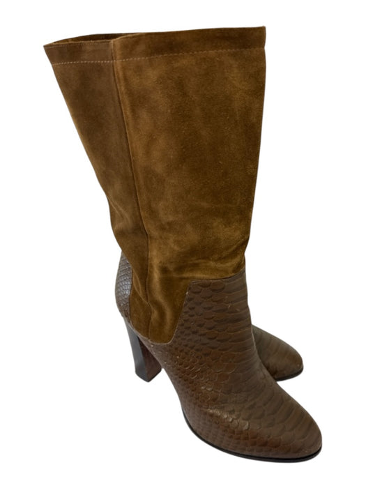 Vince Shoe Size 10 Brown Leather Snake Mid Calf Almond Toe Stacked Heel Boots Brown / 10