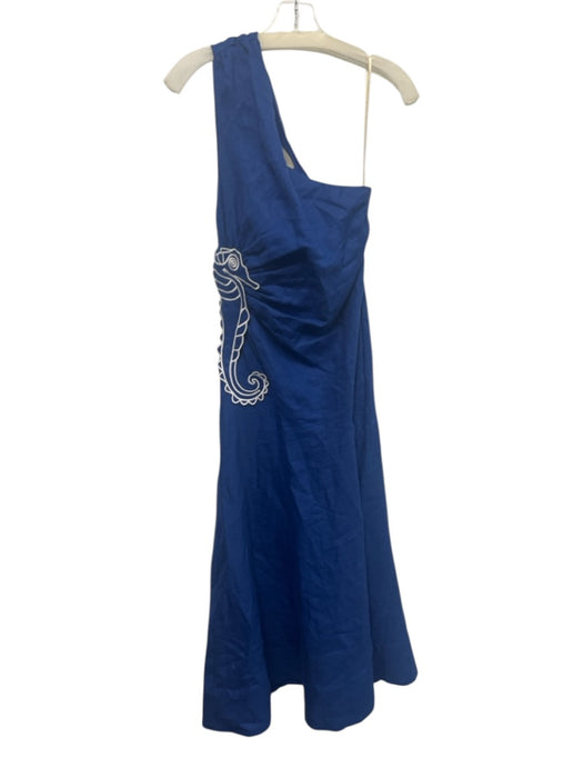 Farm Rio Size S Black & White Linen One Shoulder Midi Gathered Seahorse Dress Black & White / S