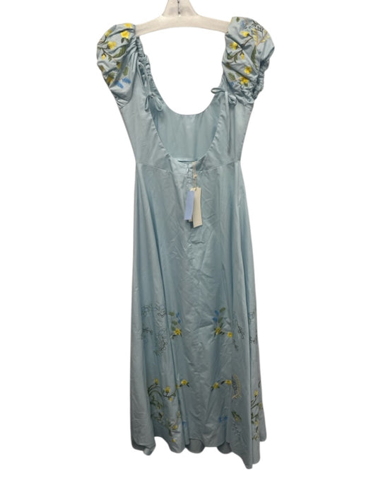 Fanm Mon Size XS Blue & Multi Cotton Puff Shoulder Floral Embroidery Midi Dress Blue & Multi / XS