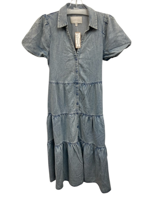 Brochu Walker Size S Light Wash Cotton Denim Short Puff Sleeve Tiered Midi Dress Light Wash / S