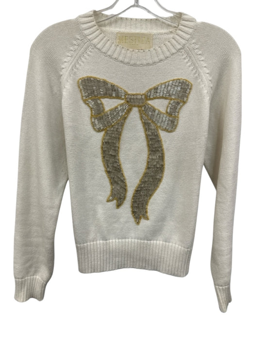 Mestiza New York Size Small White & Gold Cotton Long Sleeve Bow Sequin Sweater White & Gold / Small