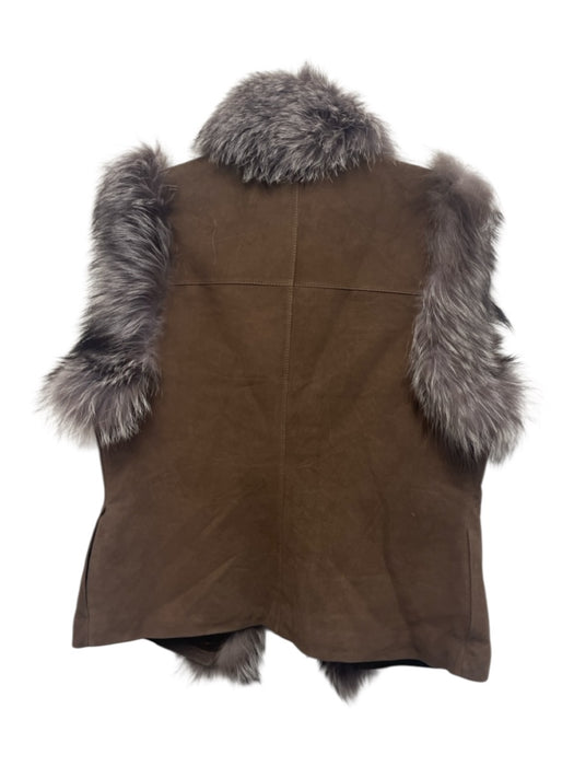 Tyler Boe Size S Brown & Gray Lambskin Fox Fur Trim Suede Hook & Eye Front Vest Brown & Gray / S