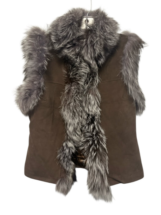 Tyler Boe Size S Brown & Gray Lambskin Fox Fur Trim Suede Hook & Eye Front Vest Brown & Gray / S