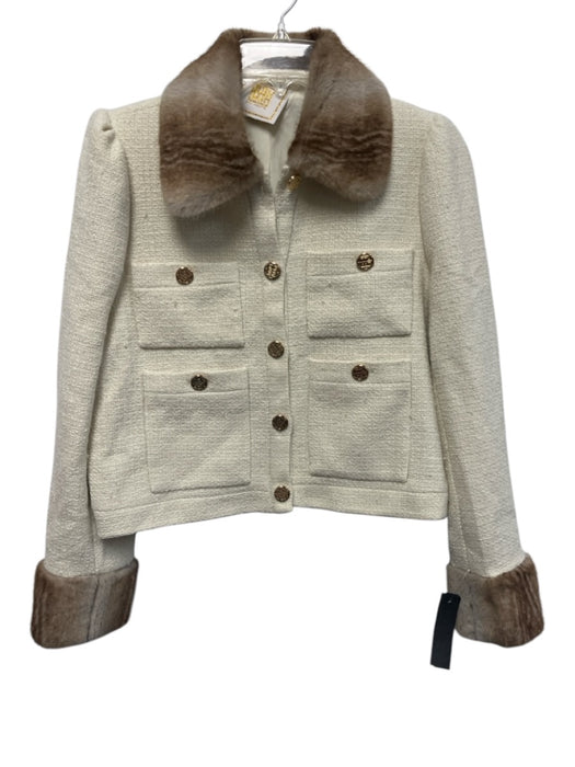 Emily McCarthy Size Est S Cream White & Brown Polyester Tweed Crop Jacket Cream White & Brown / Est S