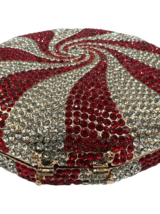 Red, White & Gold Metal Rhinestone Embellished Peppermint Minaudiere Bag Red, White & Gold