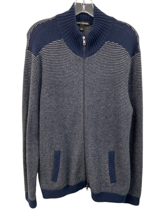 Autumn Cashmere Size L Navy Blue & Gray Cashmere Striped Zipper Men's Sweater Navy Blue & Gray / L