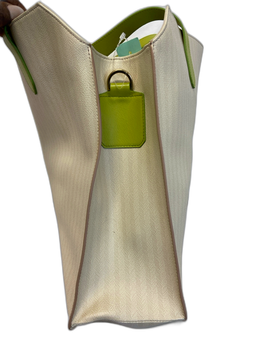Bell'INVITO Beige & Light Green Print Leather Top Handle Striped Tote Bag Beige & Light Green Print / Medium