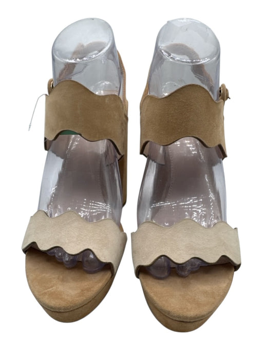 Pelle Moda Shoe Size 9 Beige & Tan Leather Suede open toe Scalloped Pumps Beige & Tan / 9