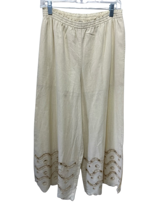 Marie Oliver Size XS Beige Cotton Blend Elastic Waist Eyelet Wide Leg Pants Beige / XS