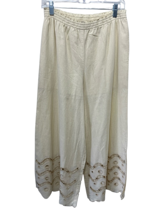 Marie Oliver Size XS Beige Cotton Blend Elastic Waist Eyelet Wide Leg Pants Beige / XS