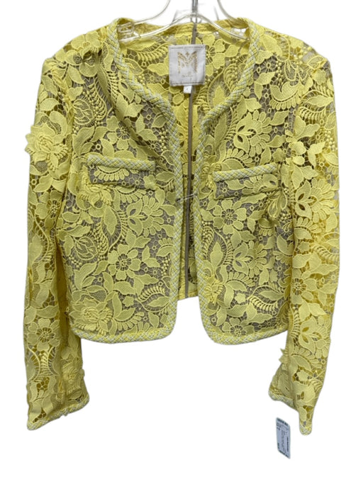 Milly Size 4 Yellow & White Polyester Long Sleeve Floral Lace Open Front Jacket Yellow & White / 4