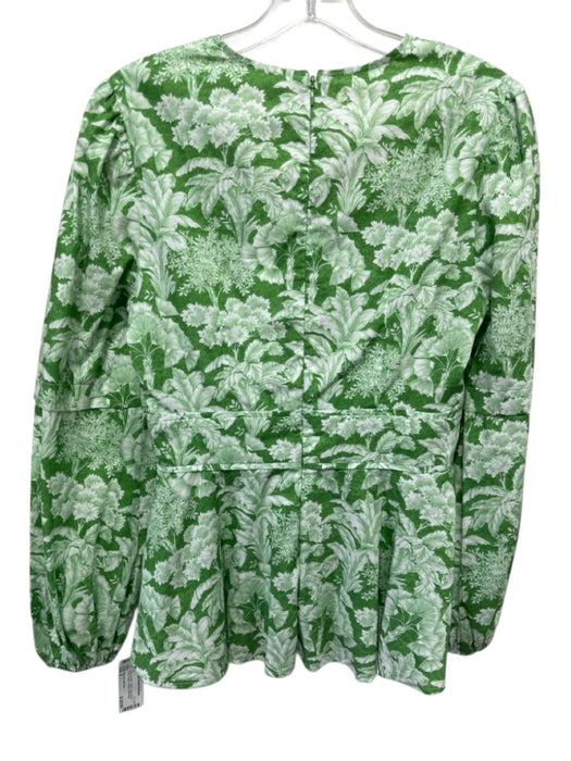Pearl by Lela Rose Size 2 Green & White Cotton Long Sleeve Floral V Neck Top Green & White / 2