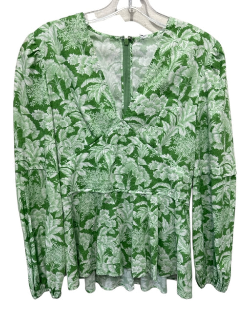 Pearl by Lela Rose Size 2 Green & White Cotton Long Sleeve Floral V Neck Top Green & White / 2