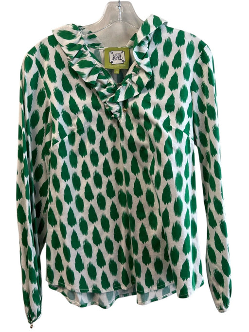 Elizabeth McKay Size 6 Green & White Cotton Blend Long Sleeve Ruffle collar Top Green & White / 6